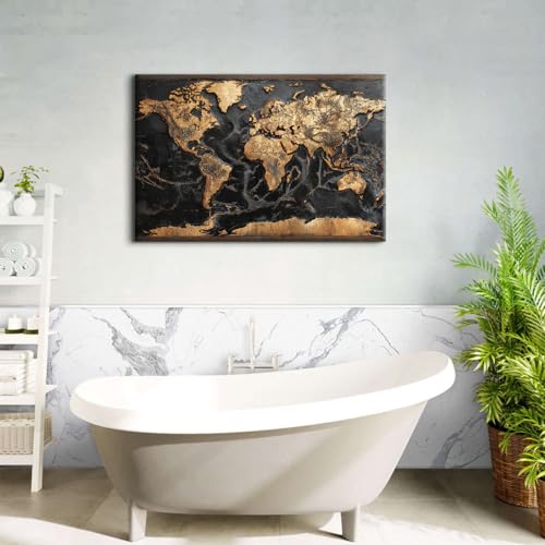 48 Inch Large Canvas World Map Wall Art - Black & Gold Office Decor - Abstract Golden Map Print - Boys & Men Bedroom Home Accent