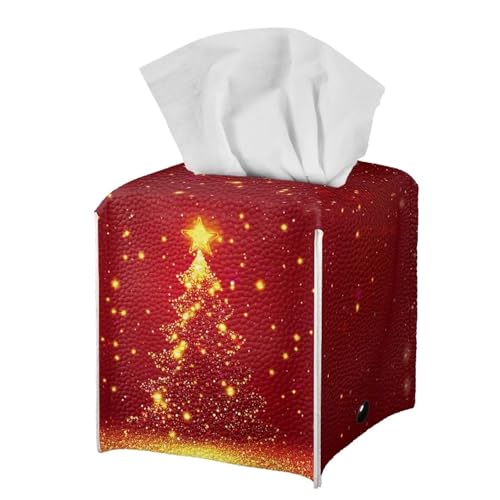 Doginthehole Christmas Tissue Box Cover - Red Golden Xmas Tree Design, Decorative PU Leather