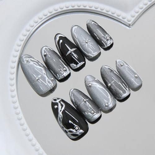 Gothic-3 Silver Press On Nails - Medium Almond Fake Nails, Reusable Black Glossy 3D Metal Art