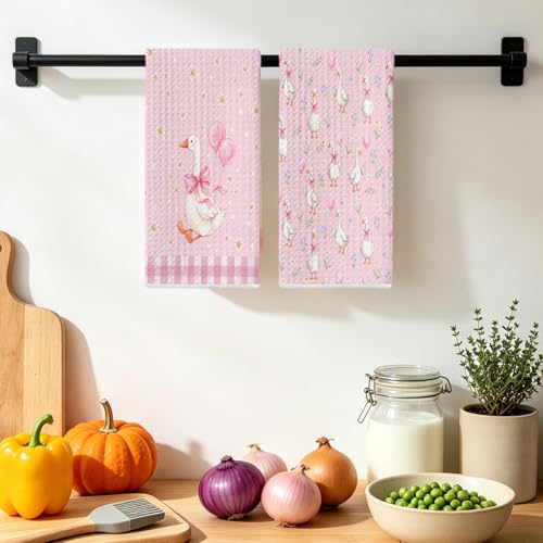 2 Pcs Pink Bow Goose Kitchen Towels - Cute Floral Dish Hand Towels - Multi 1546