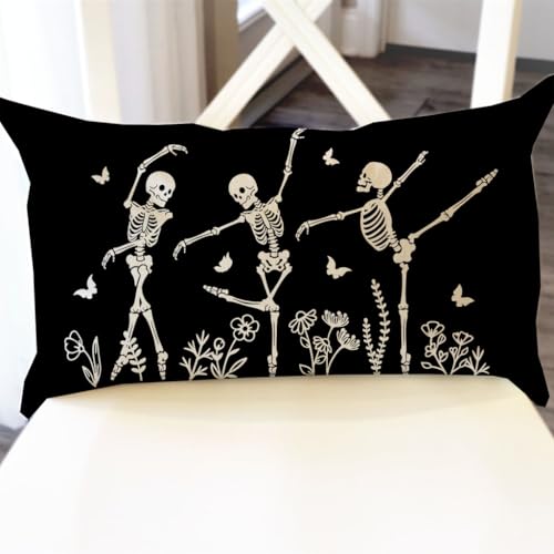 PANDICORN Halloween Dancing Skeleton Throw Pillow Cover 12x20 - Black & White