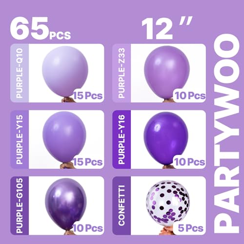 PartyWoo Light Purple Balloons Set 65pcs - Lilac Lavender and Confetti Variations