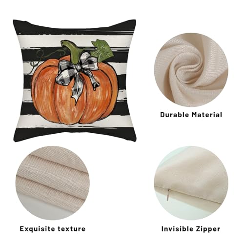 Watercolor Pumpkin Fall Pillow Covers Set of 2 22x22 Inches Black Stripes Halloween Decor