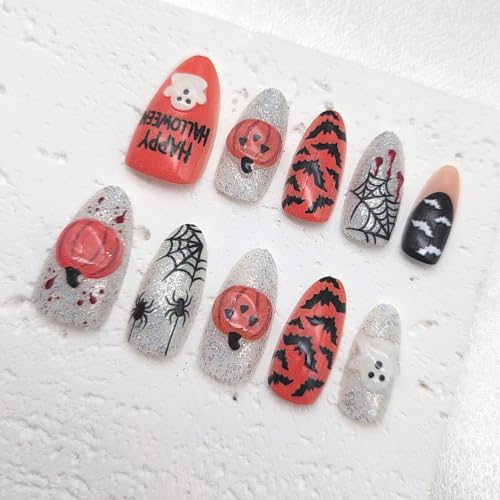 Halloween Press On Nails with 3D Pumpkin Glitter Spider Web Bat Design - Medium Almond Fake Nails, 24 Pieces