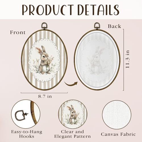 Preppy Bunny Rabbit Oval Canvas Wall Art - Easter Nursery Decor - 8.7x11.3 Inches