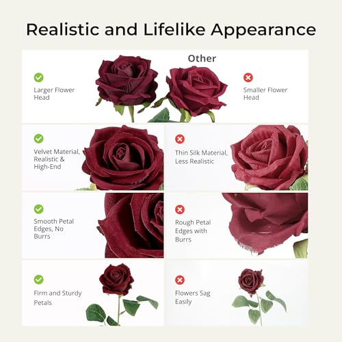 Artificial Burgundy Roses Bulk - 60 Silk Fake Flowers for Weddings & Decor - Wine Red