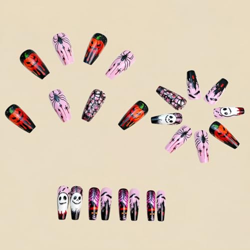 Halloween Coffin Press On Nails Set - Medium Tips with Horror Design - Variation A03