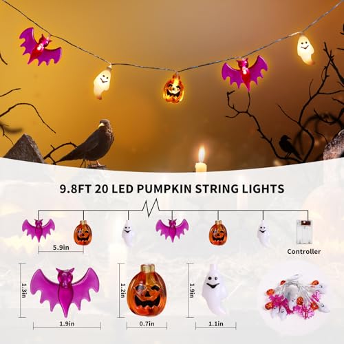Battery Operated Halloween String Lights 9.8ft 20 LEDs with 3D Pumpkins Bats Ghosts