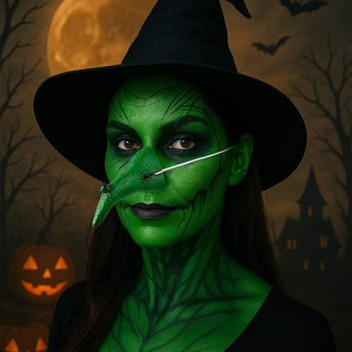 Green Witch Makeup Kit with Face Paint Nose & Sponge - Halloween Costume, Kids & Adults - Variation of Witch Makeup Kit