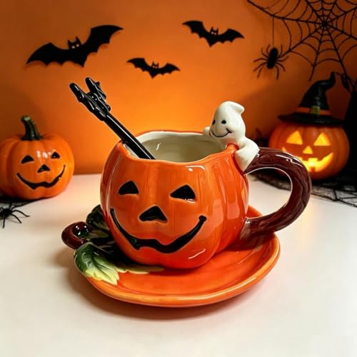 Halloween Pumpkin and Ghost Ceramic Mug Set - 6oz Hand-Painted Coffee Tea Cup with Saucer & Bat Spoon