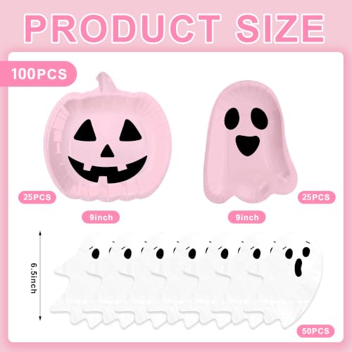 Pink Pumpkin Ghost Halloween Paper Plates Napkins Party Tableware Set - 100pcs (Variation: Pink Pumpkin)