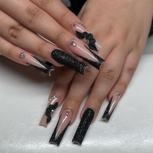 Press On Nails Long Square False Nails Black French with Rhinestones - Variation 89-20Black