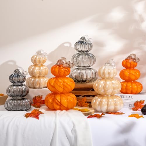 Black Medium Stacked Glass Pumpkin Decor - Fall Halloween Table Centerpiece