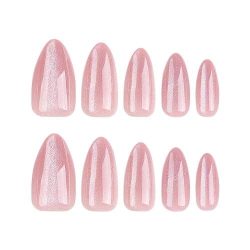 Nude Pink Almond Press On Nails - Glitter Design, Full Cover, 24 Pcs