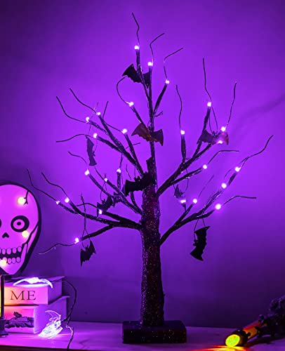 2 Pack Lighted Halloween Bonsai Tree with Purple LED Lights & Bat Ornaments - 18 Inch Spooky Decor