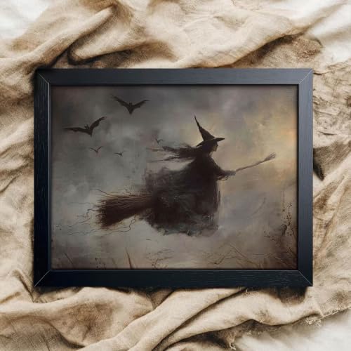 Halloween Wall Art - Framed Witch Riding Broom Canvas Decor 8x10 Inch Variation C