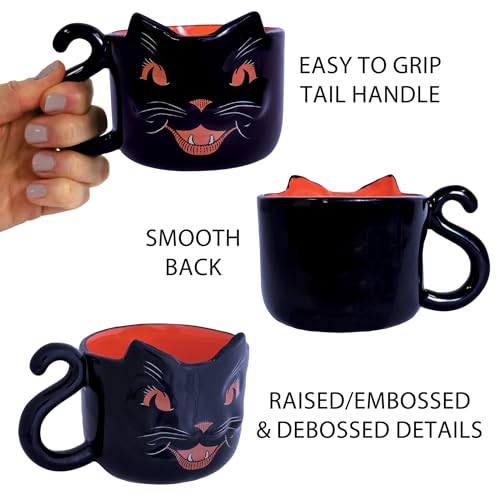 Black Cat Halloween Mug - Vintage Ceramic Coffee Cup with Orange Interior, 12 Oz
