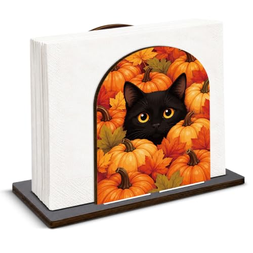 Halloween Fall Decor Wooden Napkin Holder with Cat Pumpkin Design