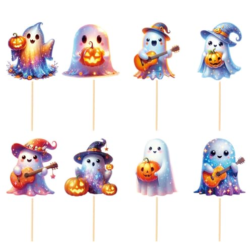 Halloween Cupcake Toppers Set - 24 Cute Ghost and Pumpkin Decorations with Toothpicks