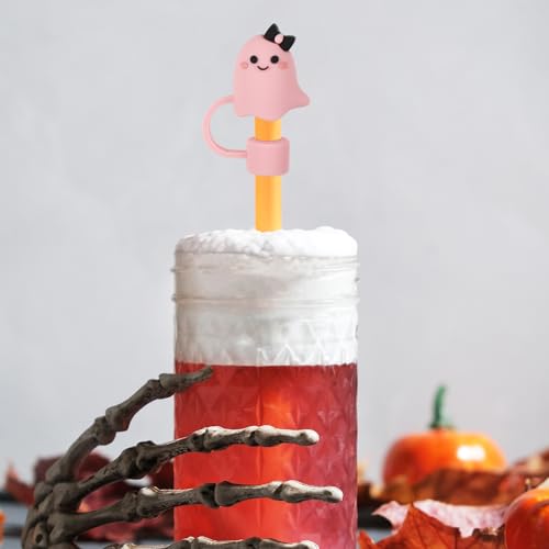 Halloween Ghost Silicone Straw Cover Caps - Pink & White Bow - Style2