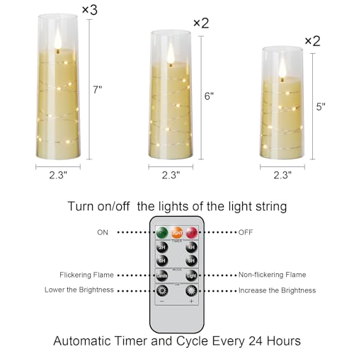 Clear Flickering Flameless Candles with Remote - 7 Pack LED Battery Operated with Timer & String Lights - Halloween & Christmas Decor