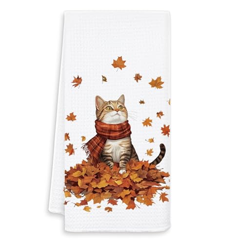 Fall Cat Kitchen Towels - Cat Maple Leaf Autumn Hand Towels for Kitchen & Bathroom - Variation of Cat Fall