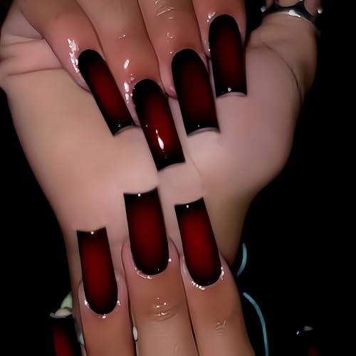 Press On Nails Long Square Red Black Gradient Gothic Set - Acrylic Glossy 24pcs - Variation: 49B-04 BlackRed