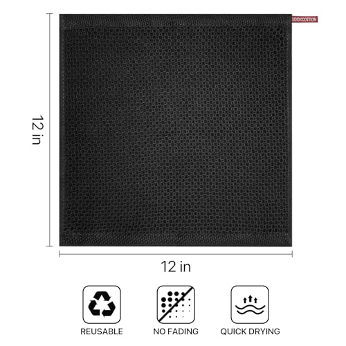 Black Cotton Waffle Weave Kitchen Towels 6 Pack - 12x12 Inches, Ultra Soft & Absorbent