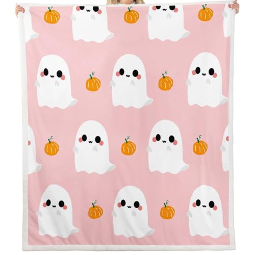 Queen Size Halloween Throw Blanket - Cartoon Ghost & Pumpkin Fleece 90x90 Inches - Multi 21