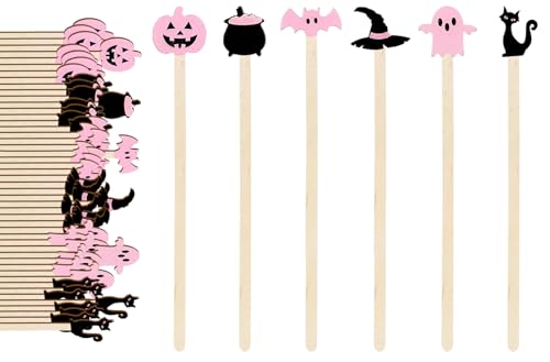 Halloween Pink Black Coffee Stirrer Set - Ghost Bat Pumpkin Cat Design, 120 Pcs