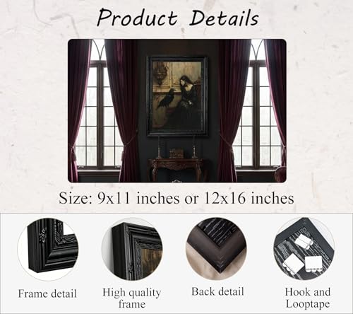 Gothic Woman Wall Art Canvas - Framed Victorian Raven Artwork, 16x12in - Dark Academia Home Decor