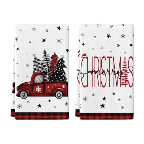 Christmas Hand Towel Set of 2 - Red Truck & Tree Design, 18x26 Inch Holiday Decor