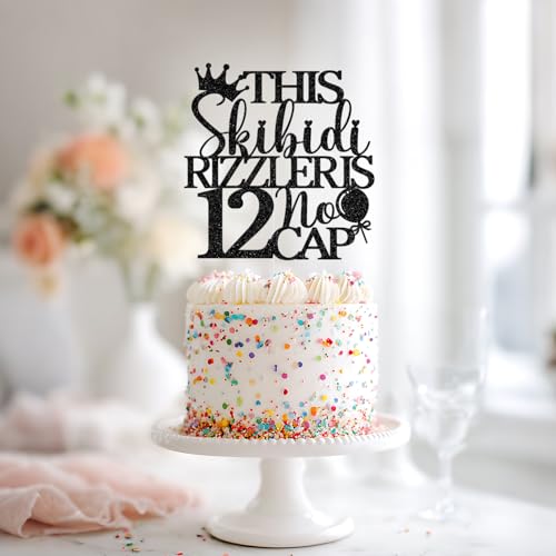 12 No Cap Cake Topper - Black Glitter Birthday Decoration, Variation of 12