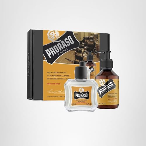 Proraso Beard Care Kit for Men | Beard Wash & Beard Balm to Cleanse, Soften and Reduce Itch for New or Short Beards | Wood & Spice Fragrance