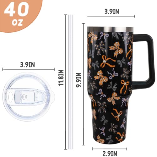 Halloween 40oz Tumbler with Handle Goth Skull Bow Candy Corn Spiderweb Coffee Travel Mug - Black+Pink