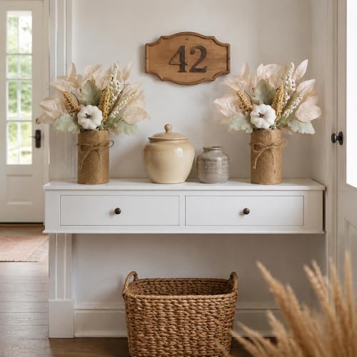 White Fall Centerpieces for Tables Set of 2 - Autumn Pumpkin Eucalyptus Decor