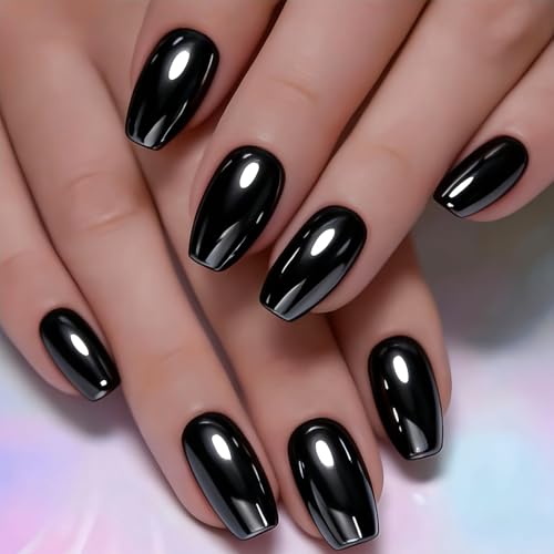 Press On Nails Square Fake Nails Black Silver Chrome - Variation of Black 08-22, 24 Pcs