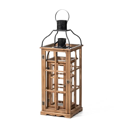 Natural Wood & Black Metal Farmhouse Candle Lanterns Set of 2 - 25 & 18.75 Inches