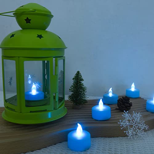 Blue Flameless LED Tea Lights - 24 Pack, Long Lasting Battery, Realistic Flicker for Holiday Decorations