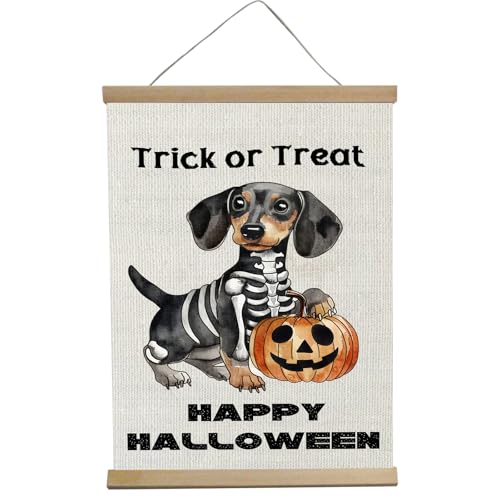 Halloween Trick or Treat Dachshund and Pumpkin Yard Sign - Vintage Wall Art Prints 12x16