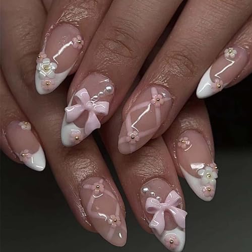 Foccna Almond Press On Nails - Medium Pink Rhinestone Bling 3D Flower False Nail Tips, 24 pcs, Variation 4