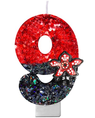 Red & Black Glitter Birthday Number Candle - 9 - Retro Sci-Fi Halloween Party Decor