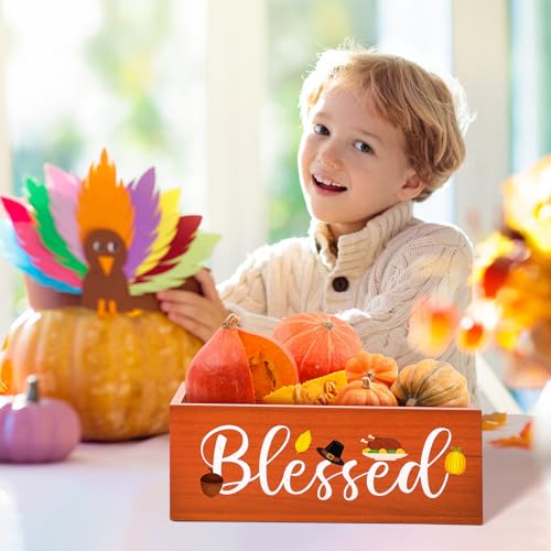 Wooden Thanksgiving Candy Bowl Large Blessed Fall Dish Holder - Harvest Decor