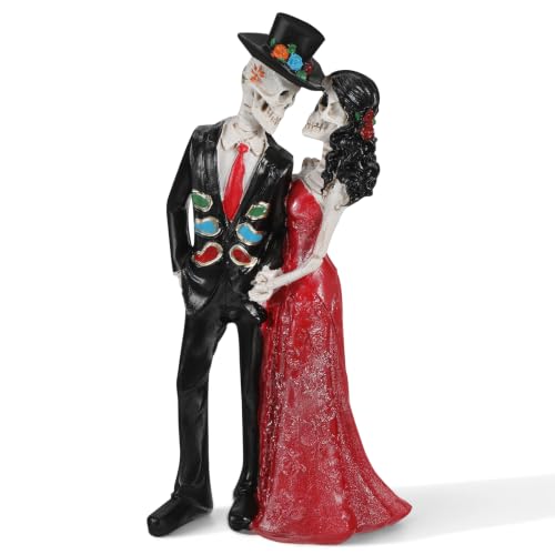 Day of the Dead Skeleton Couple Figurines - Red Dress, Gothic Halloween Decor