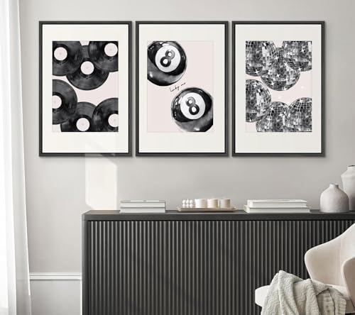 Disco Poster Wall Art Set - Black White Canvas Prints 24x16in - Lucky 8 Ball