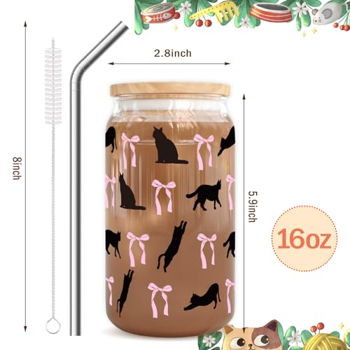Cat & Bow Iced Coffee Cup - Halloween Glass Tumbler Gift for Cat Lovers - 16oz with Lid & Straw