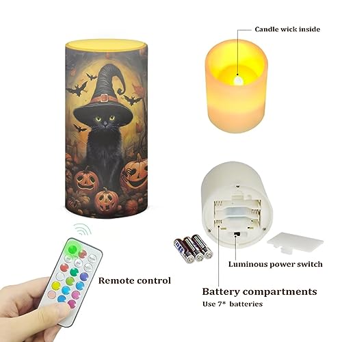 Flameless LED Pillar Candle with Remote & Color Change - Black Cat Witches Pumpkin
