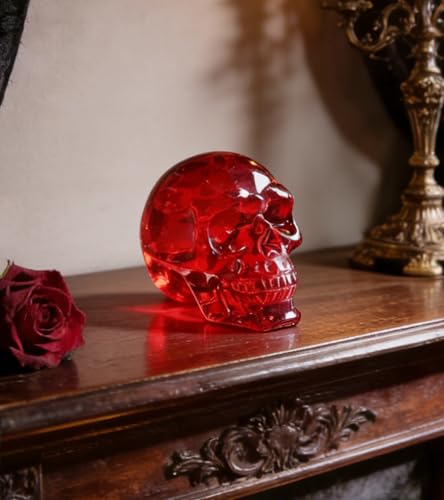Red Crystal Skull Figurine - Handmade Glass Gothic Decor, Compact Size