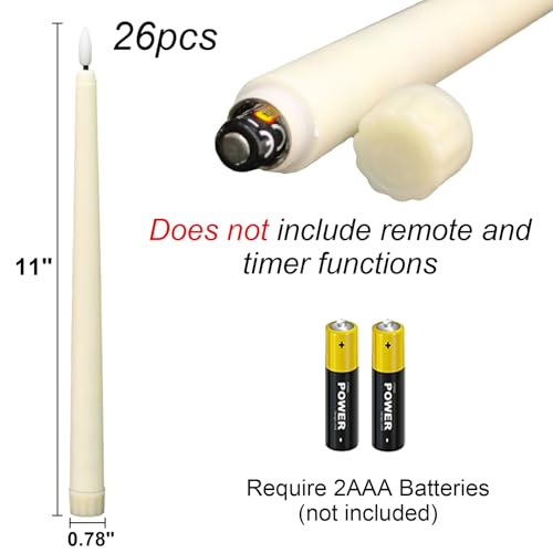 GenSwin 26 Pcs Ivory Flameless Taper Candles with 3D Flickering Wick - Battery Operated for Home Wedding Xmas