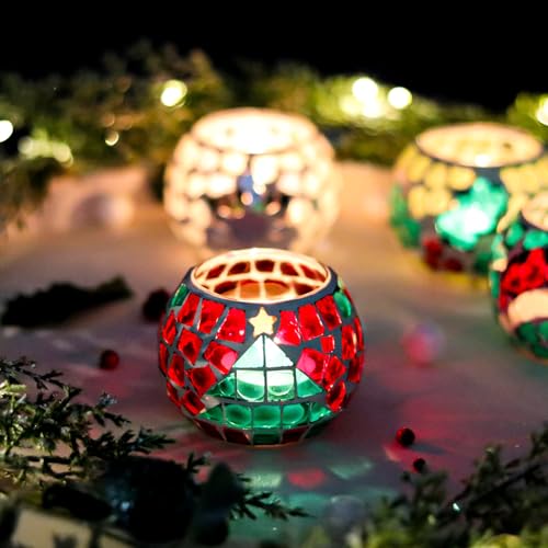 Christmas Mosaic Glass Tealight Candle Holders - Set of 4, Red & Green Holiday Decor